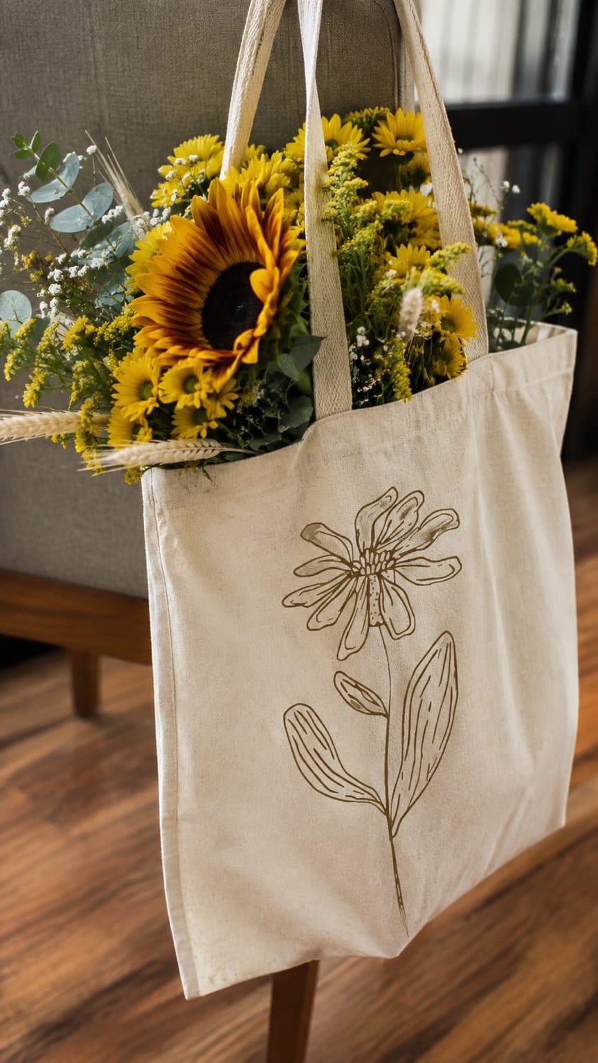 Bolsa de tecido da Margarida Amarela repleta de flores amarelas